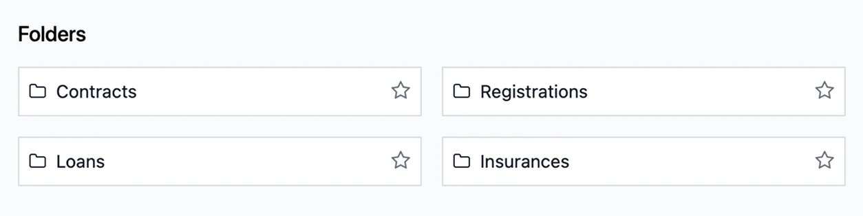 Legal sub-folders for contracts, registrations, loans and insurances