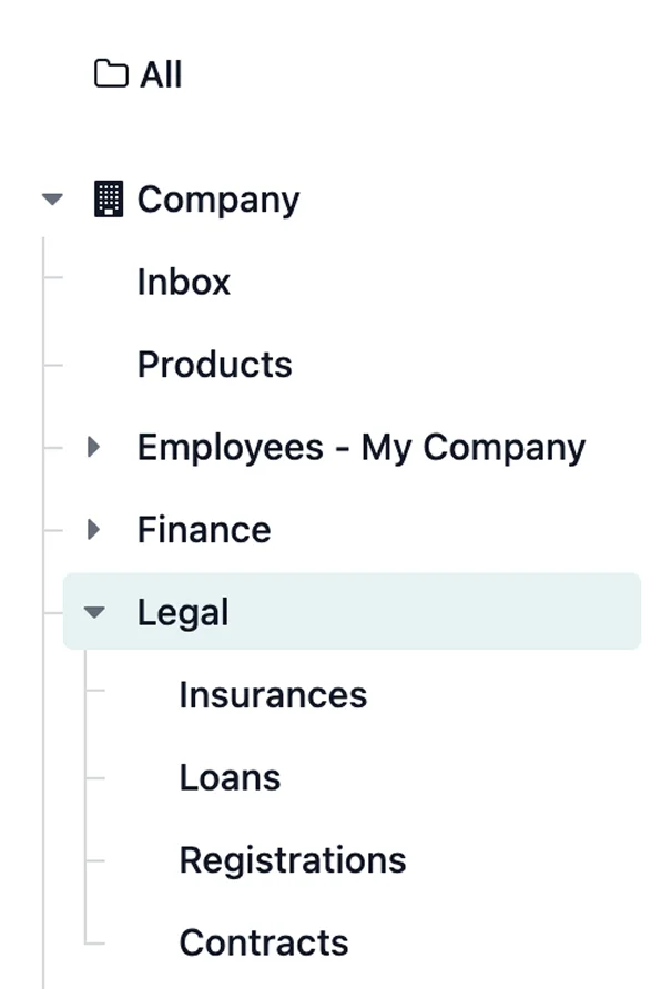 Documents workspace folder tree with a Legal folder