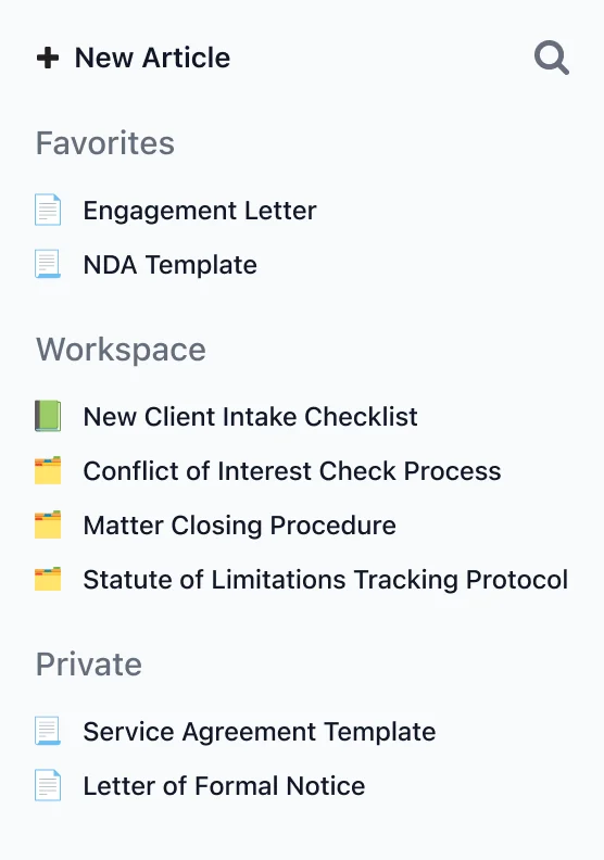 Knowledge sidebar with favorites, workspace and private articles