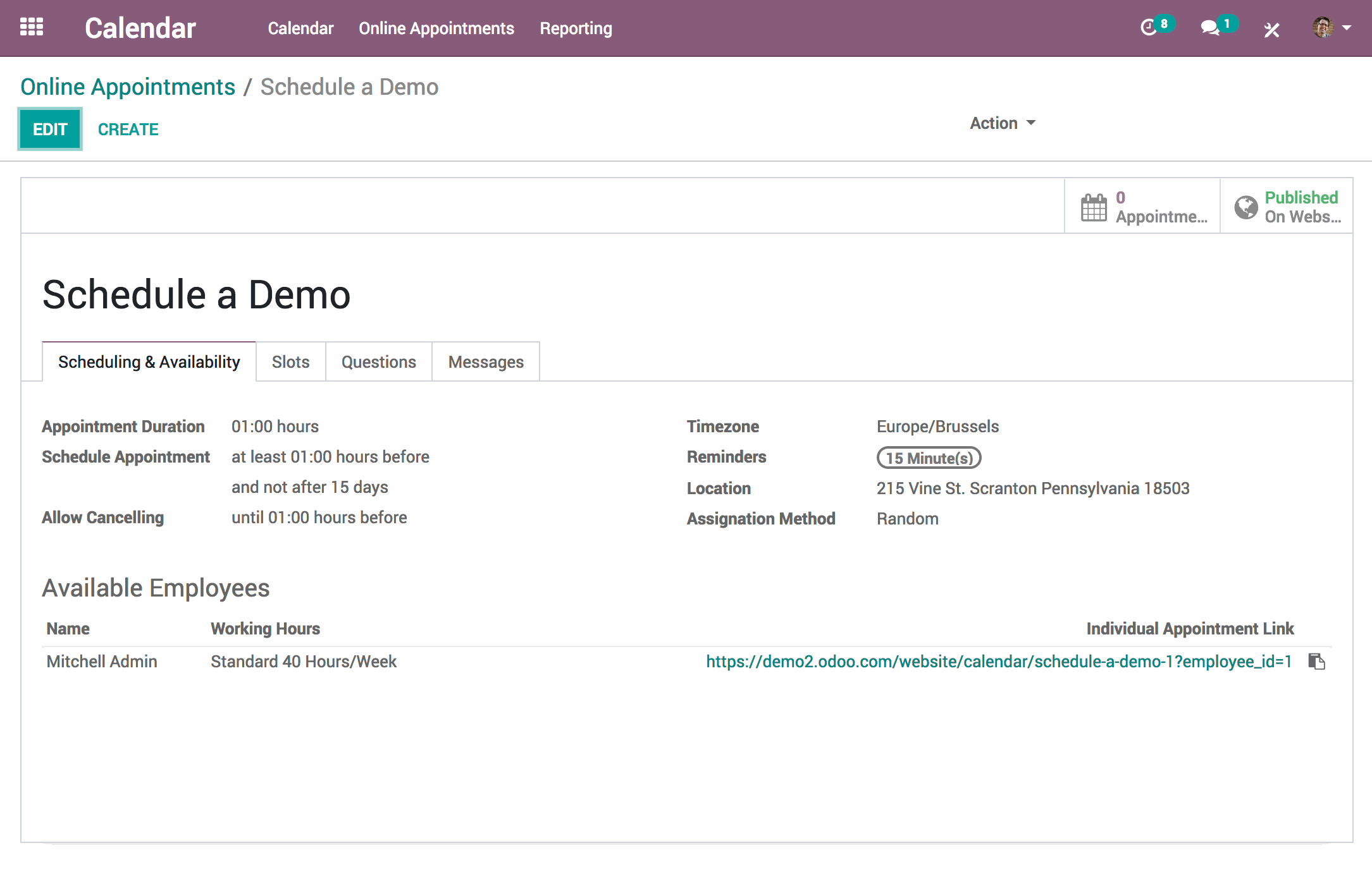 Odoo Appointments' interface - Scheduling and availability