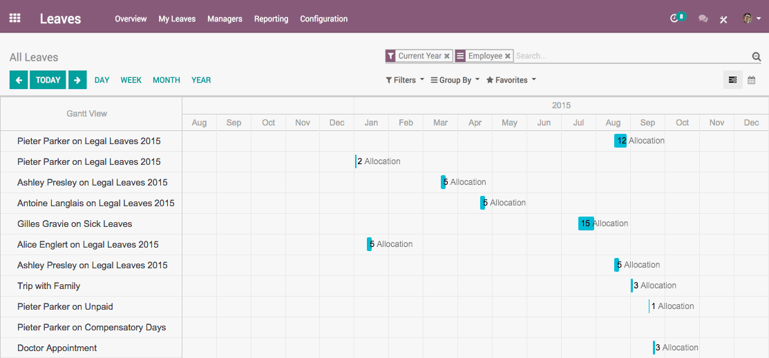 Leaves planning screen in Odoo ERP