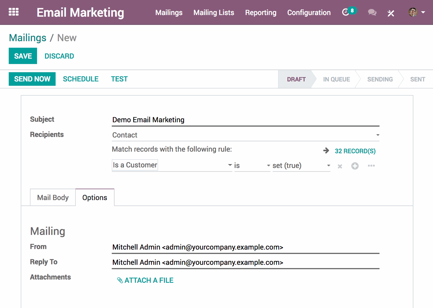 Interfaz de la aplicación Marketing por correo electrónico de Odoo - Crear una nueva lista de correo