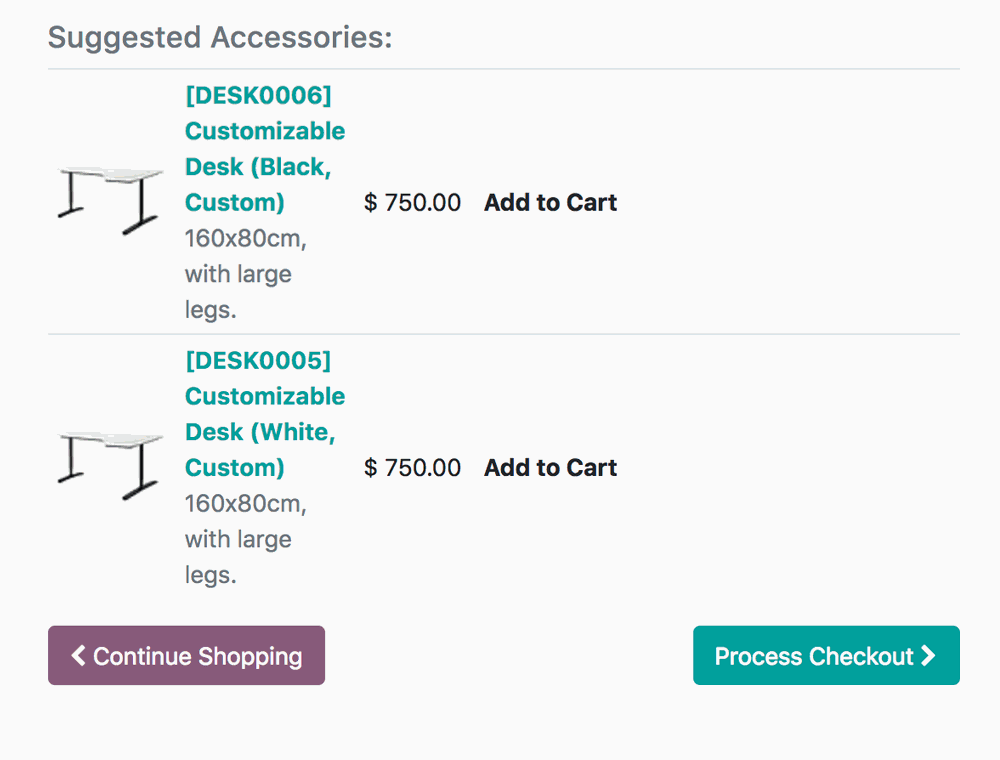Two accessory products being suggested before a checkout process