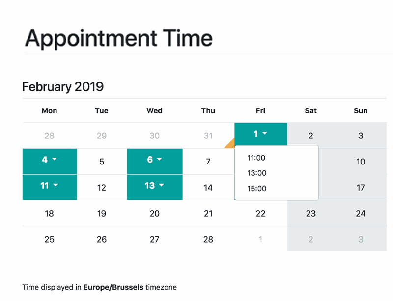 Plan rapproché d'une interface de calendrier pour programmer l'heure du rendez-vous