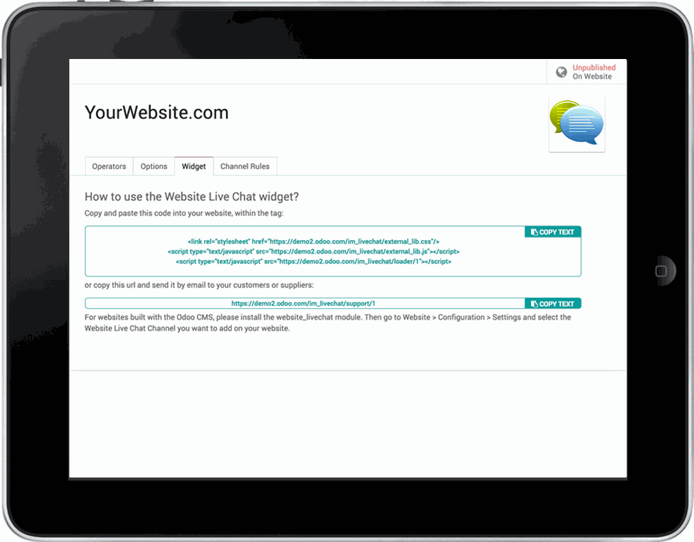 Tableta que muestra cómo usar el widget de Chat en vivo del Sitio web