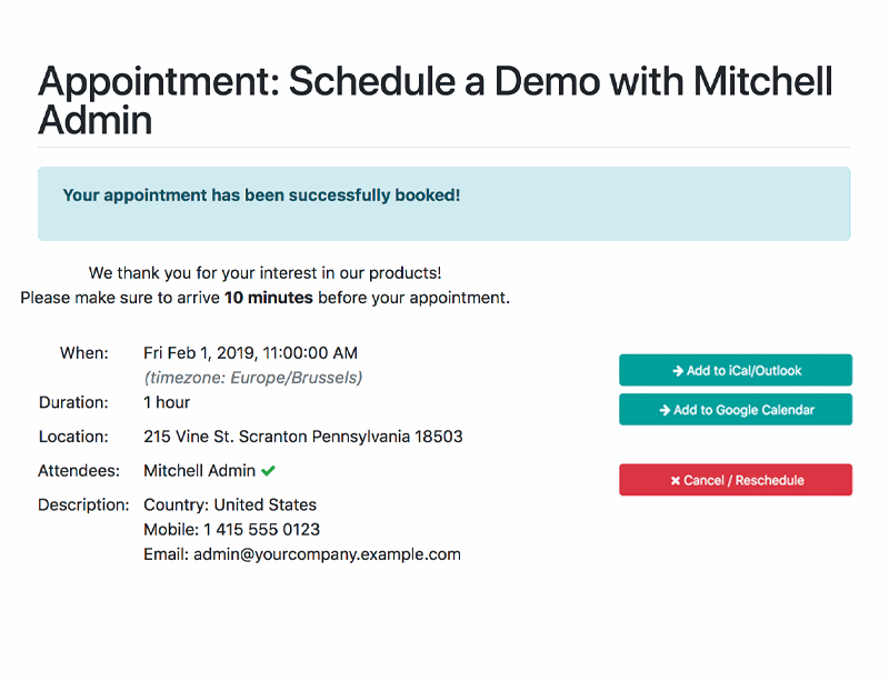 Aperçu du rendez-vous - 'Votre rendez-vous a été pris avec succès'