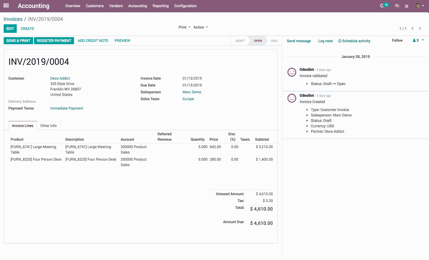 Interface backend d'une facture dans Odoo Comptabilité