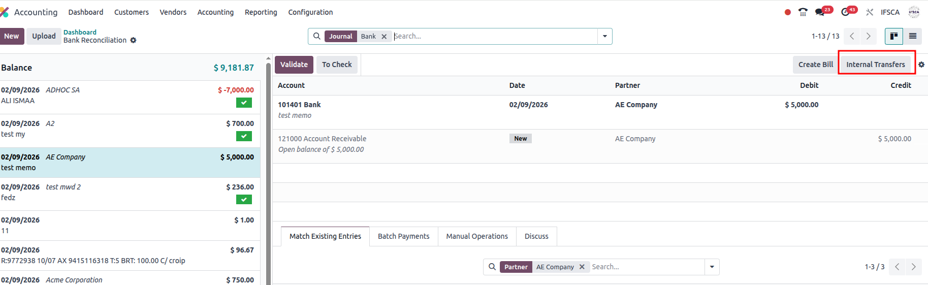 Where is my internal transfer button (bank transfer) | Odoo