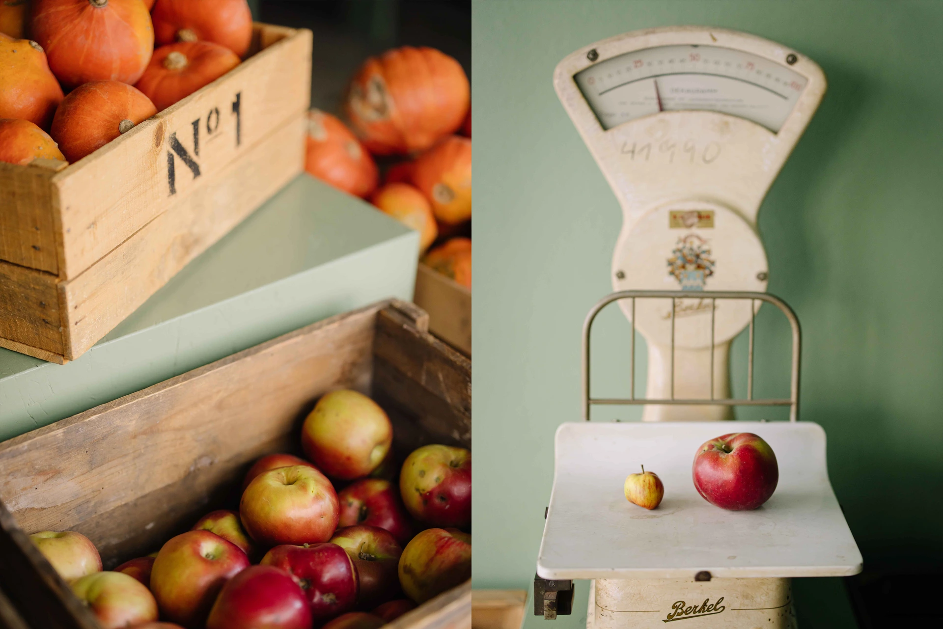 A collage of two images: on the left, wooden crates filled with apples and pumpkins; on the right, a vintage mechanical Berkel scale with two apples on the weighing platform.
