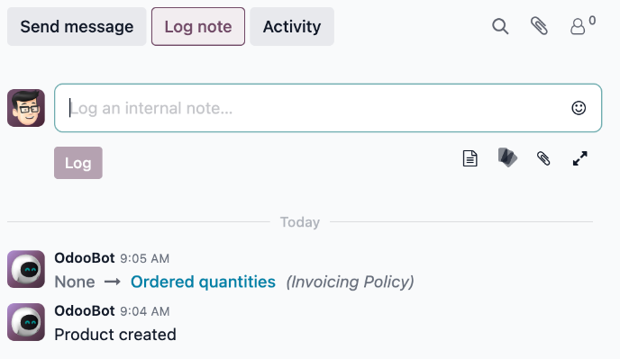 Odoo’s “Log Note” feature functions as a communication hub and helps team members centralize communications