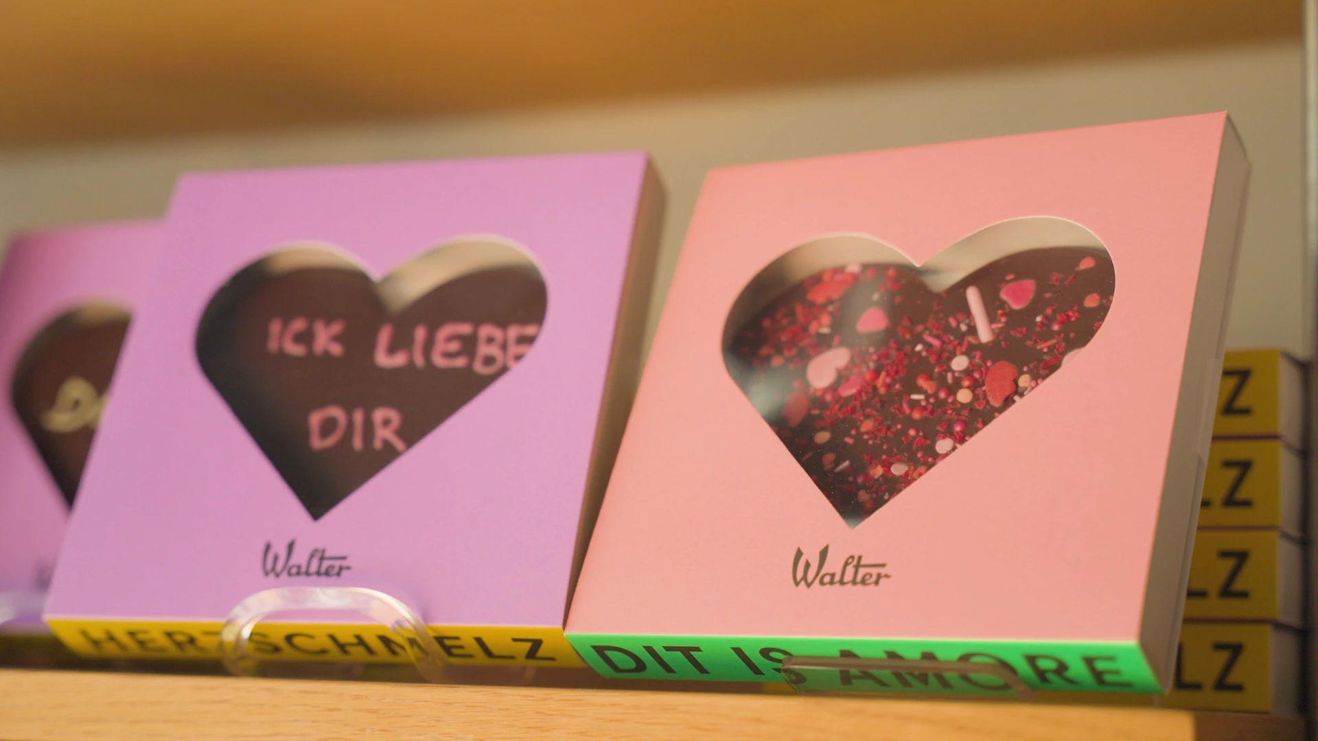 Shelf with heartshaped chocolate made by Walter Confiserie