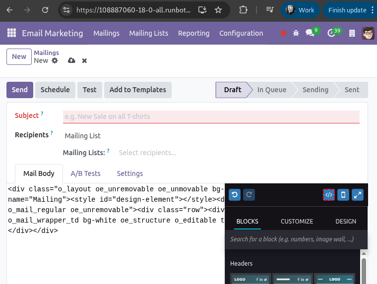 How to insert raw HTML into Email Marketing / mass_mailing? | Odoo