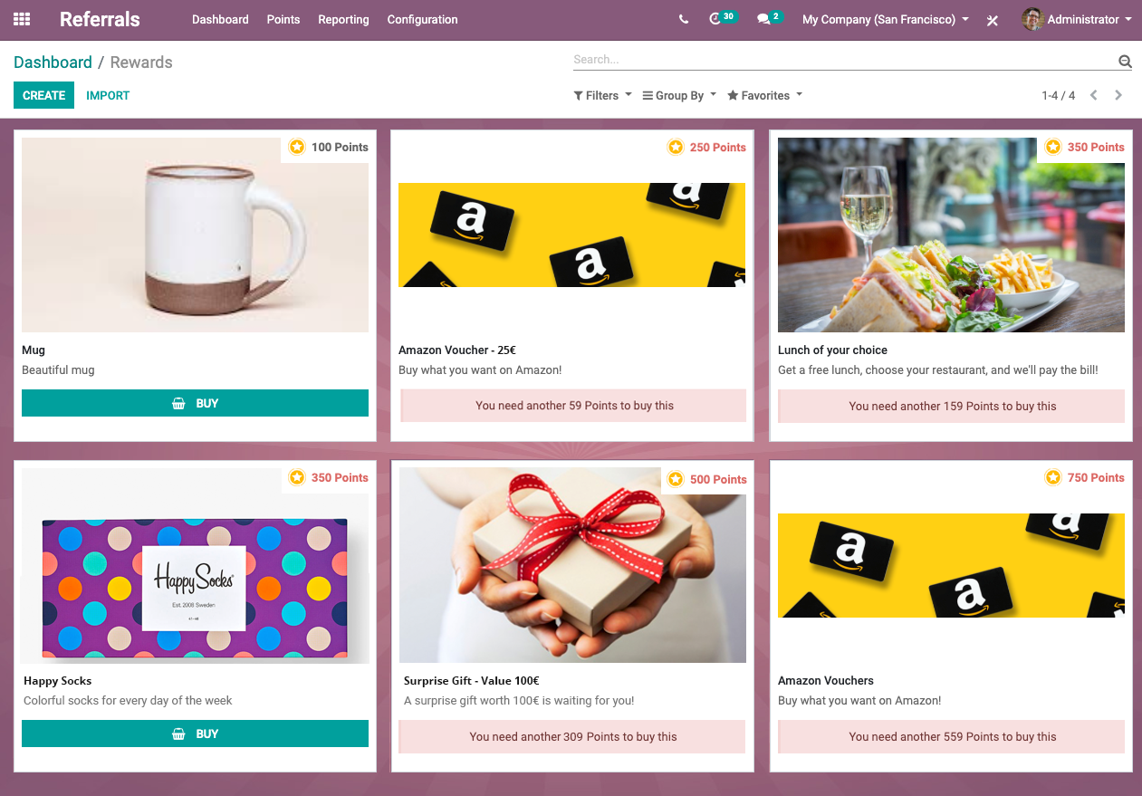 Odoo Referrals shop interface