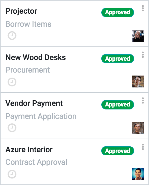 Closeup of requests with an 'approved' tag: Borrow Items - Procurement - Payment Application - Contract Approval