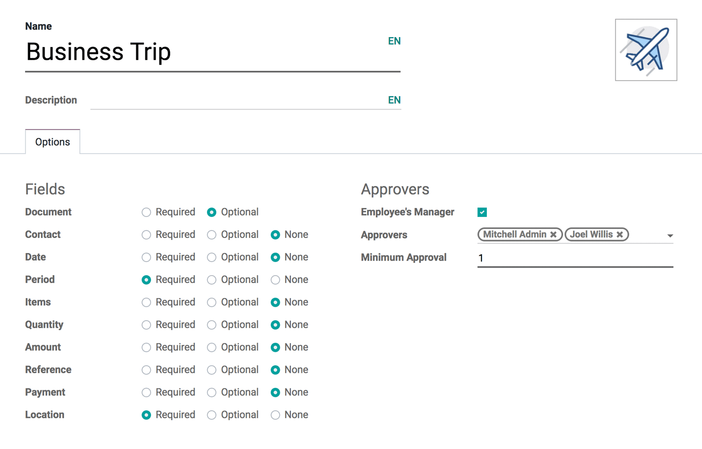 Visão da interface de configuração de uma solicitação de viagem de negócios