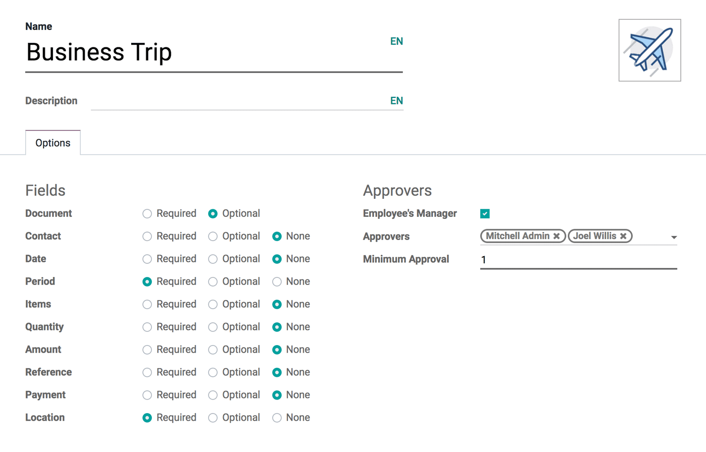 Interfaccia per l'impostazione di un tipo di richiesta di Viaggio d'affari