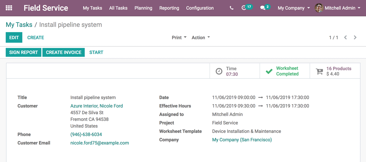 Odoo Field service interface - overview of a task before it's invoiced