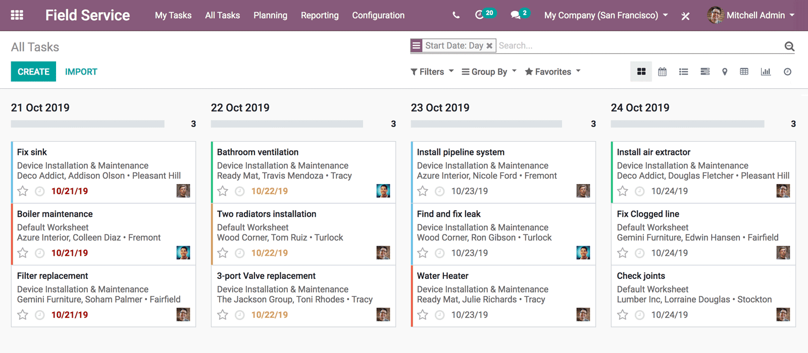 Odoo Field Service interface with all tasks