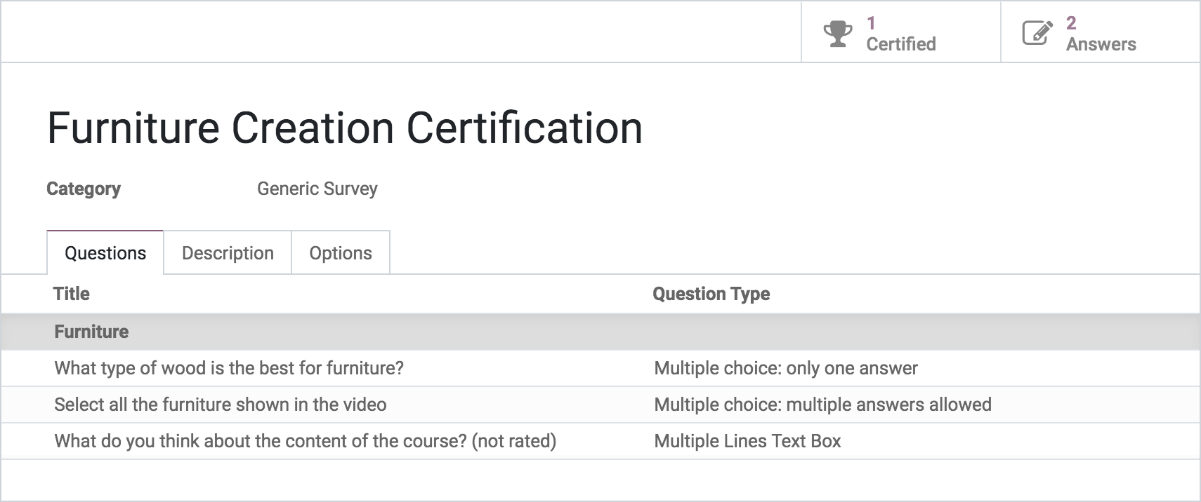 Blízký záběr na Odoo eLearning backend rozhraní pro certifikace