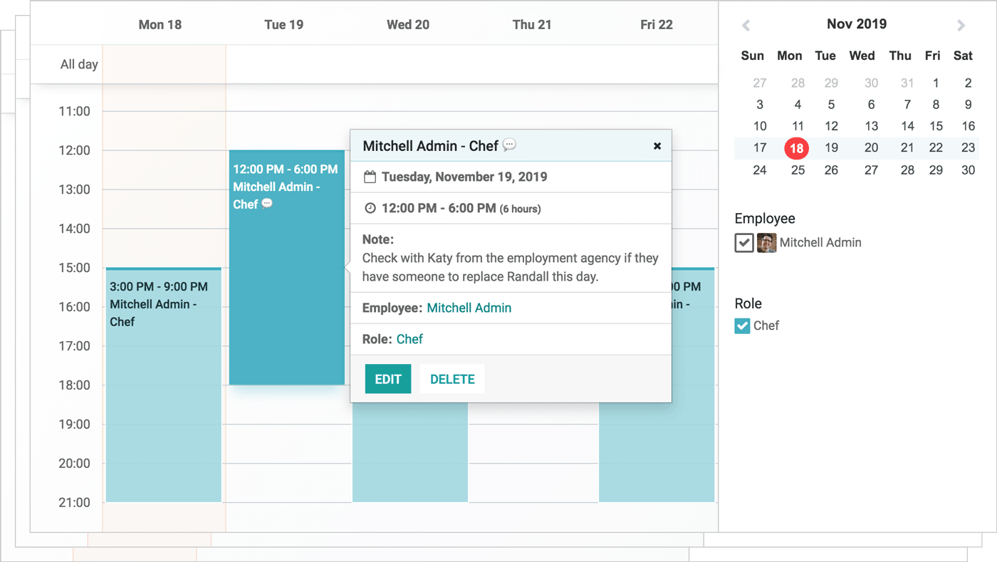 Visualização de calendário do planejamento de um funcionário