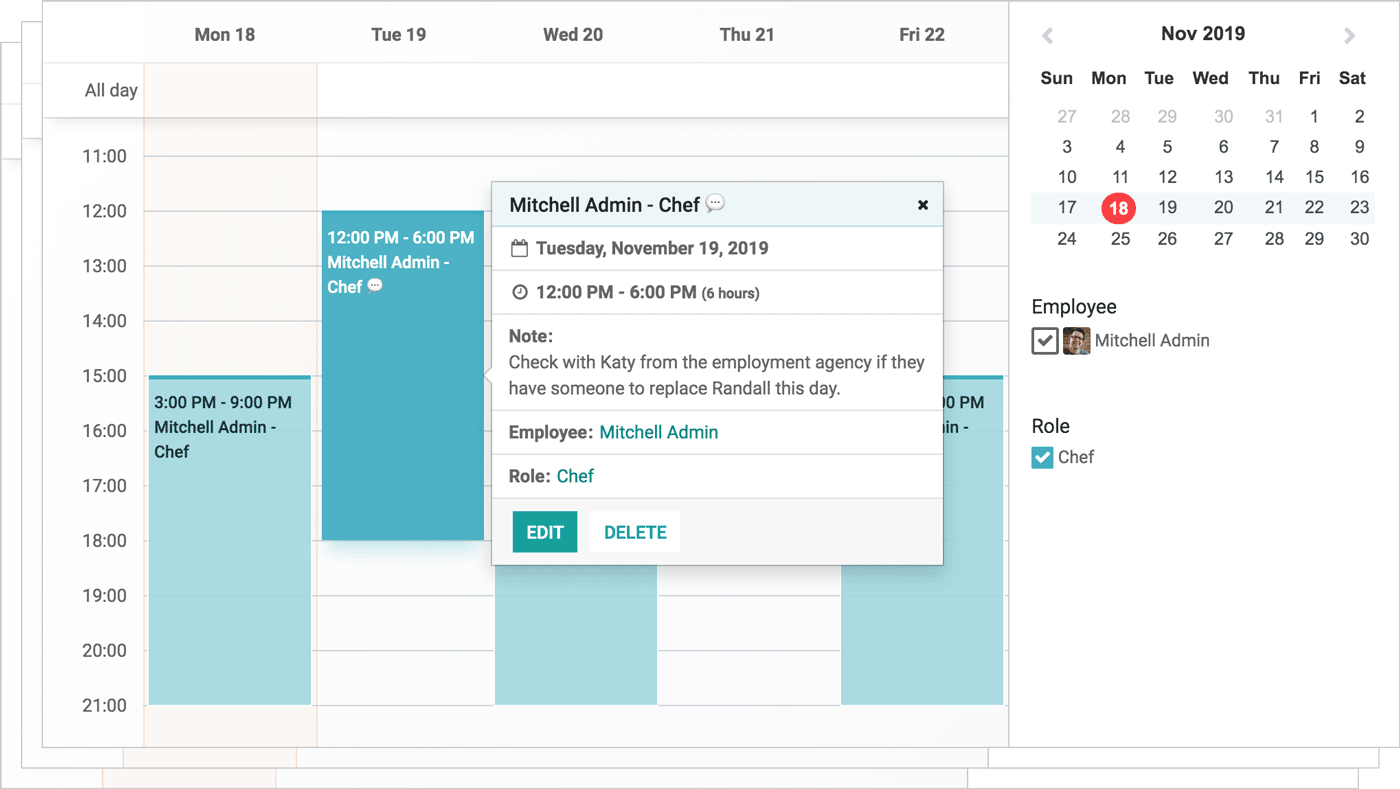 Vue calendrier du planning d'un employé