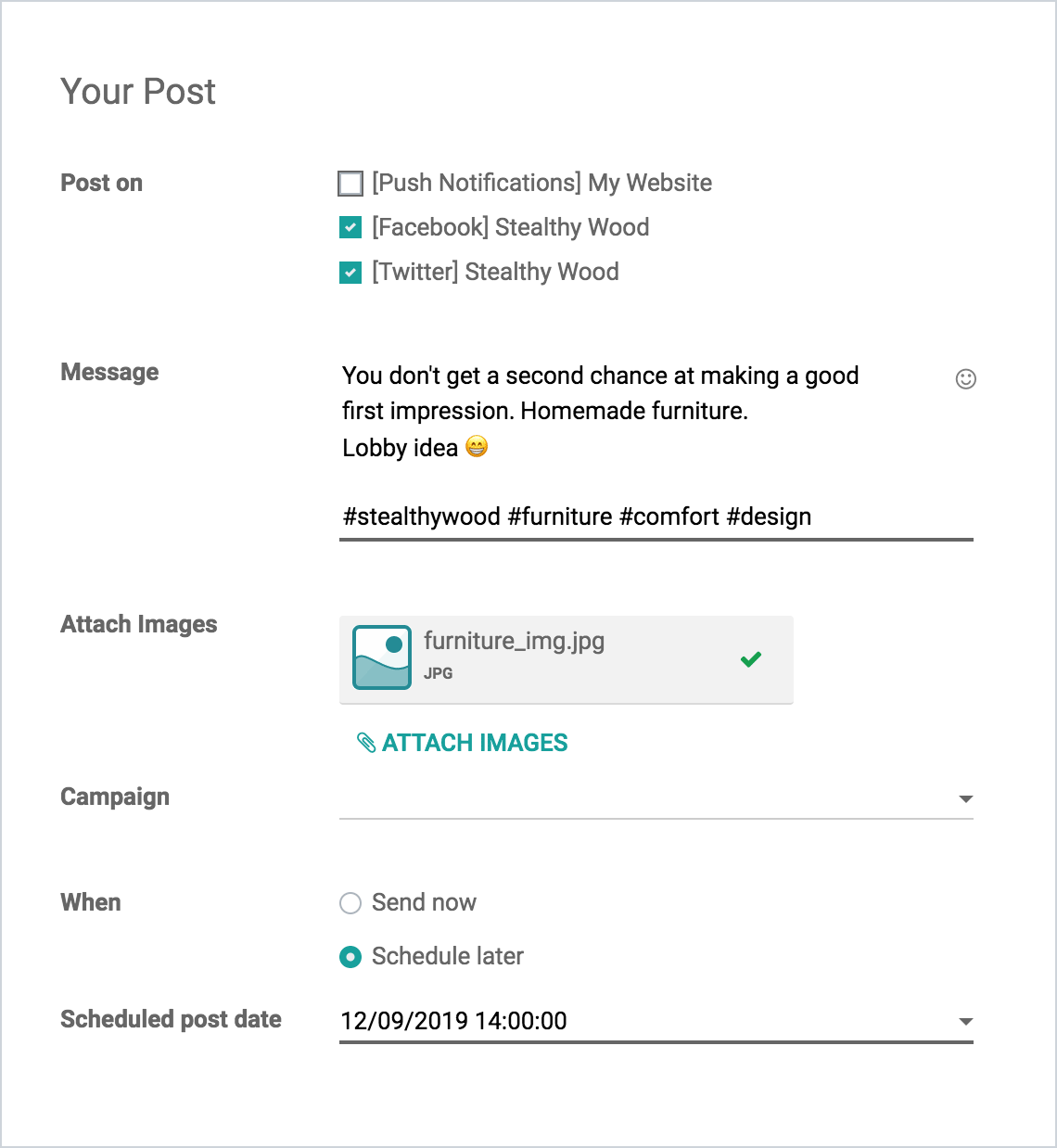 A interface da plataforma utilizada para fazer multiplas postagens na mídias sociais