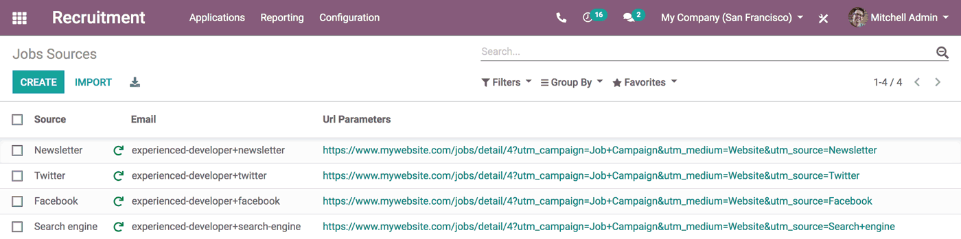 Jobs sources in Odoo Recruitment app