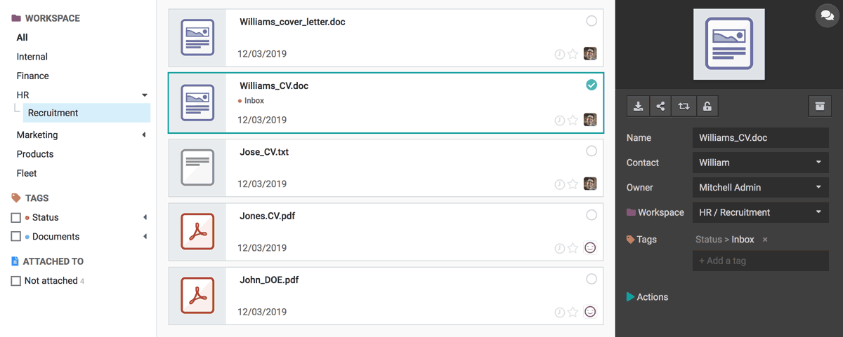CVs et documents de recrutement dans Odoo Documents