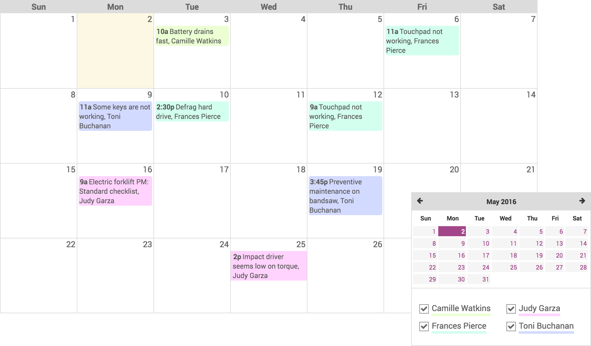 Visualização em um calendário que mostra equipamentos que precisam de manutenção