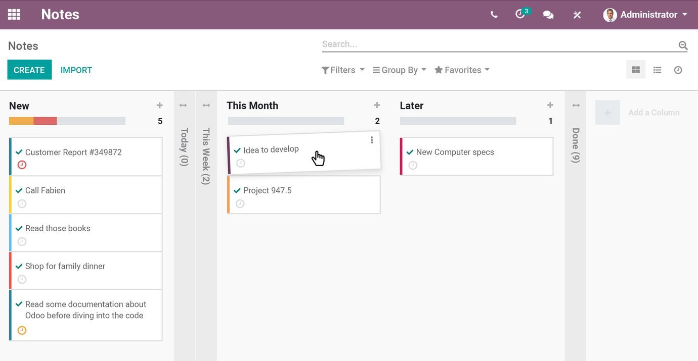 Odoo Notes interface - dragging and dropping a note in kanban view