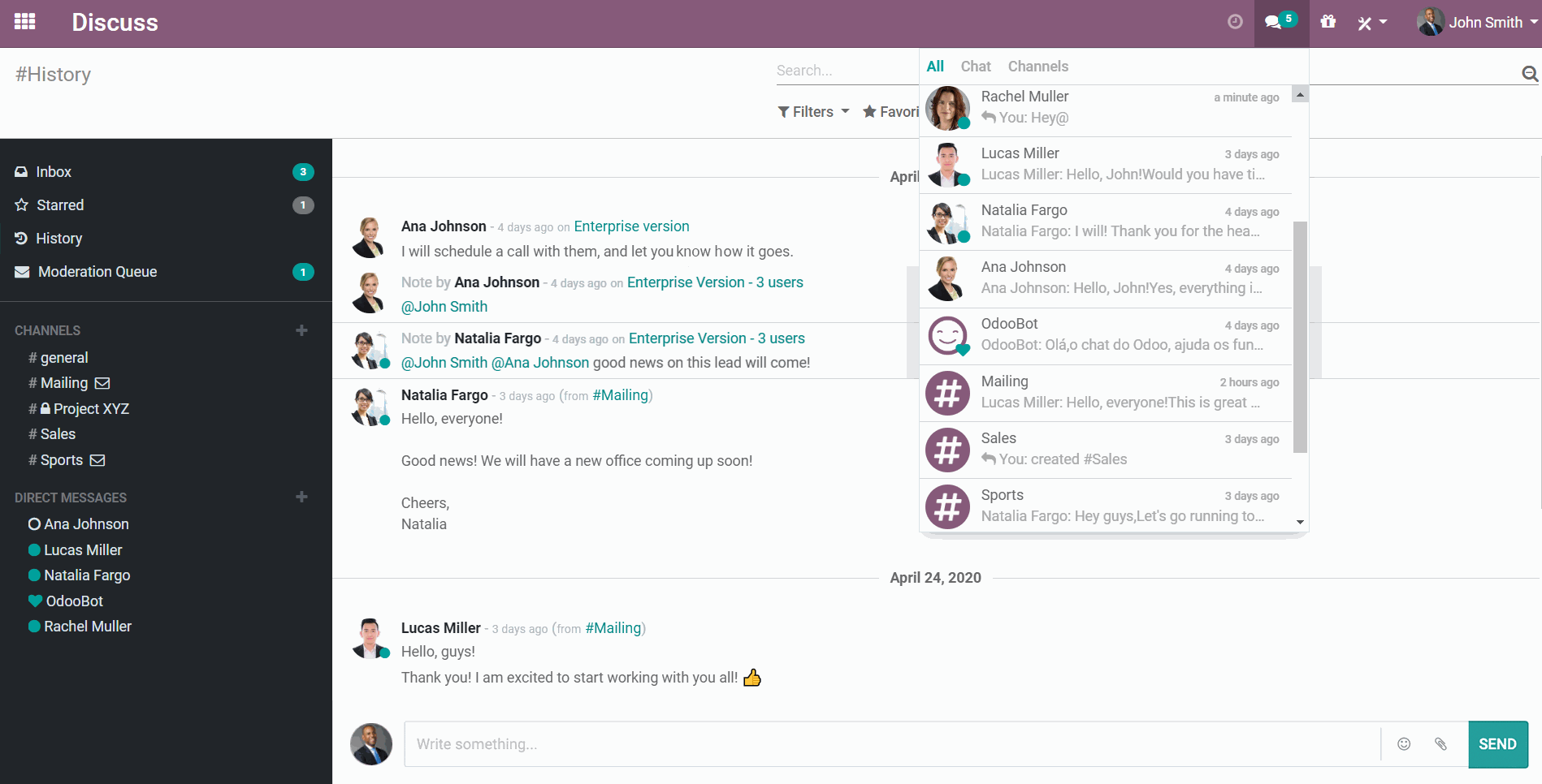 Interface d'Odoo Discussion affichant les notifications pour les messages