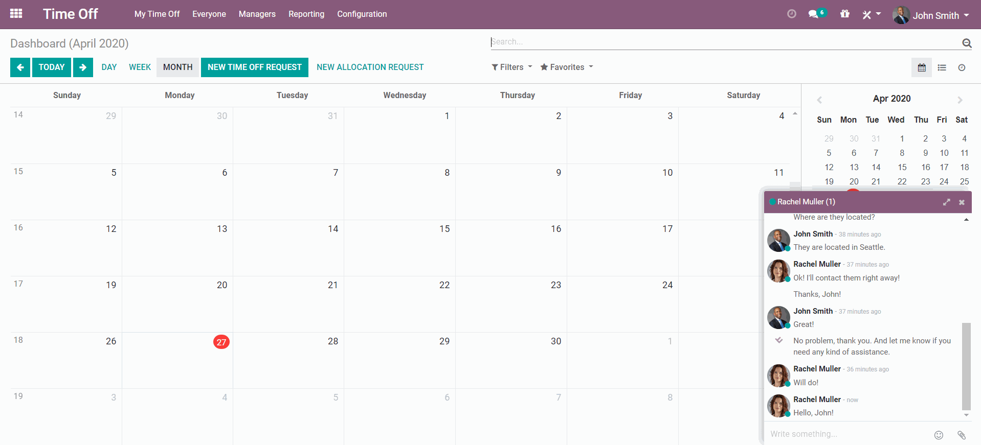 Dashboard screen from Time-Off in odoo Discuus app