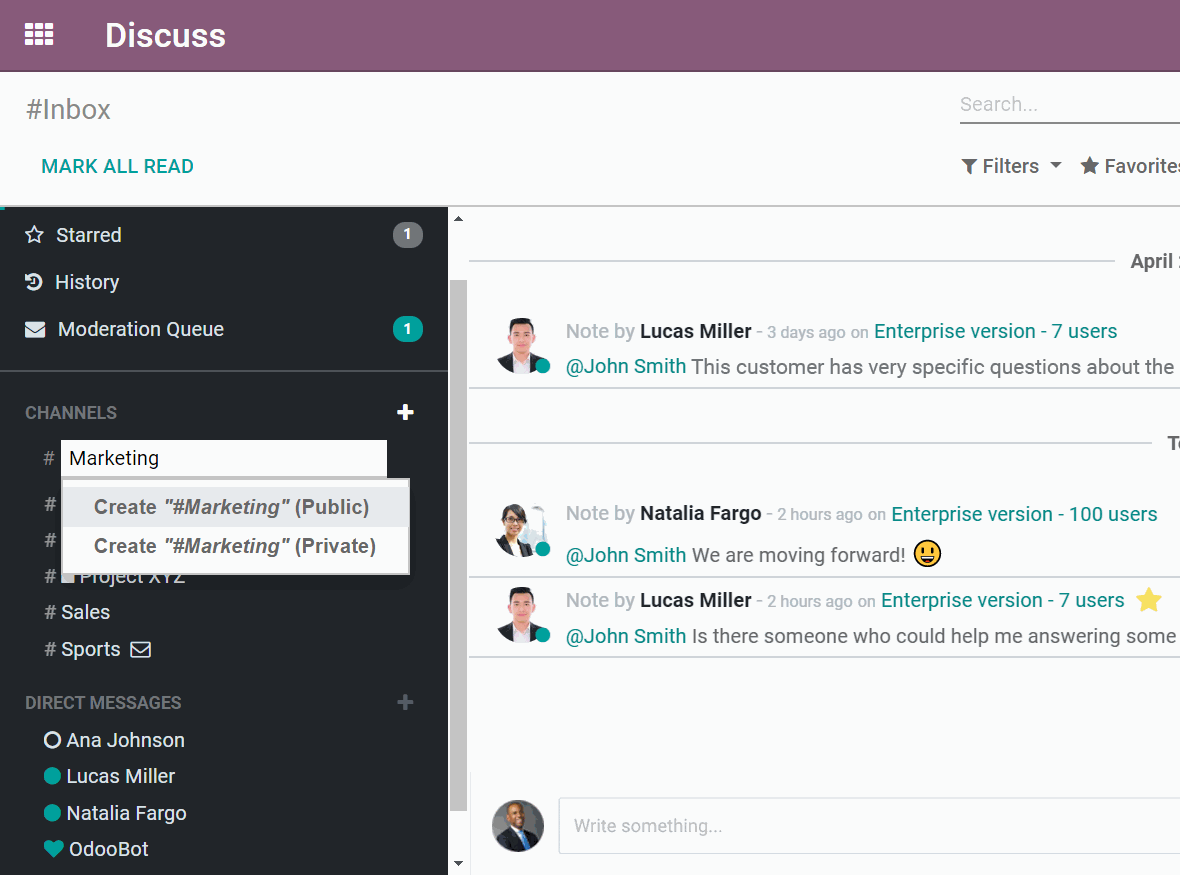 Channels & private groups in odoo Discuss app