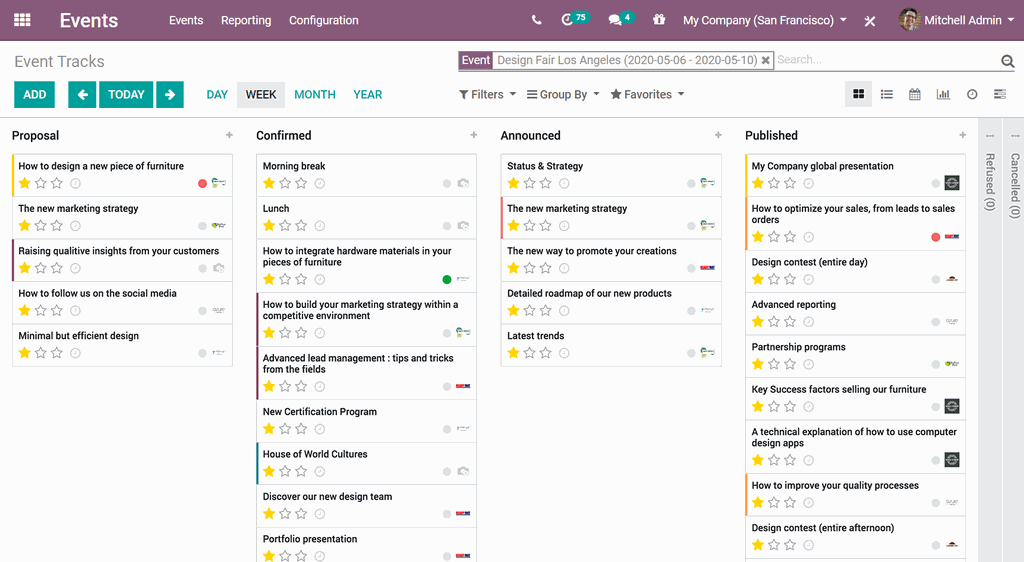 Odoo Events interface - Event tracks in kanban view