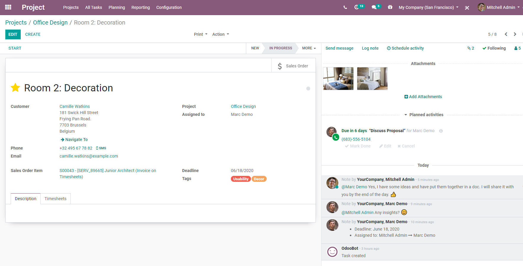 An ongoing discussion about a task in Odoo Project's task interface