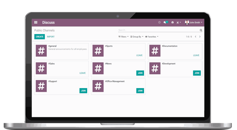 Laptop showing Odoo Discuss' Public Channels interface
