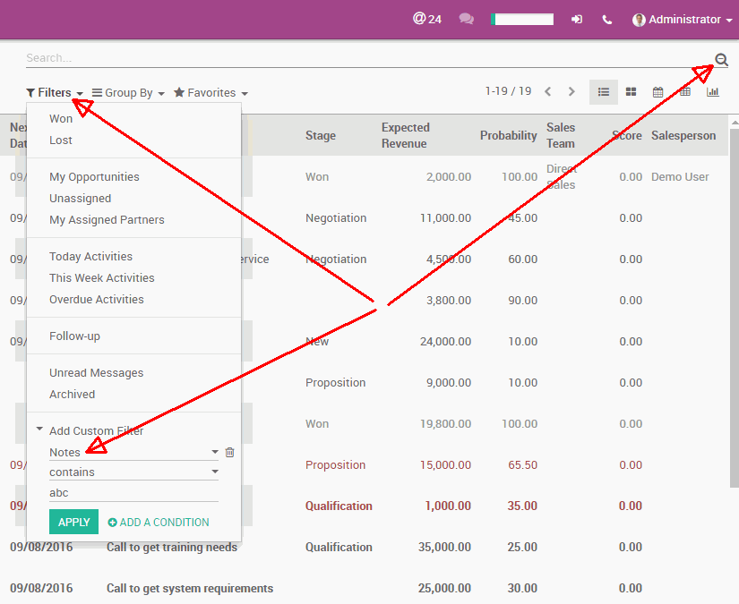 Searching through opportunity/SO internal notes | Odoo
