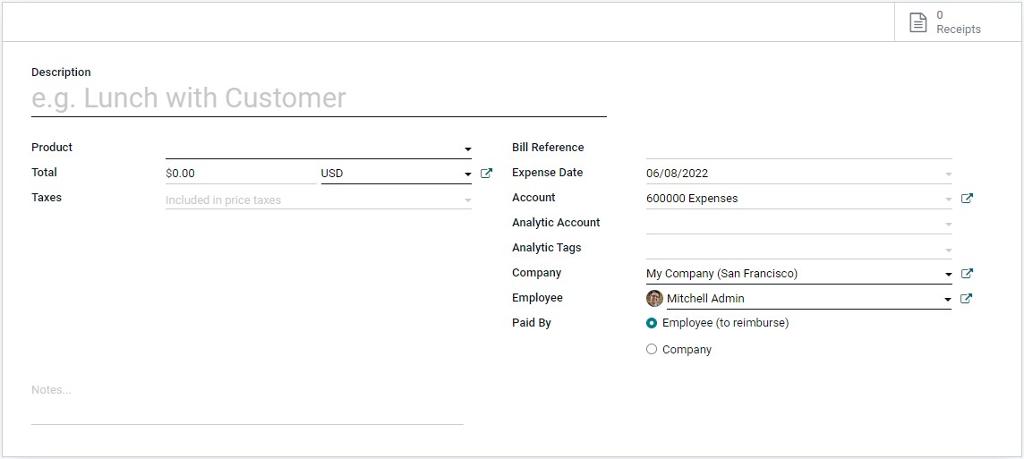 Creation of an expense in Odoo Expenses