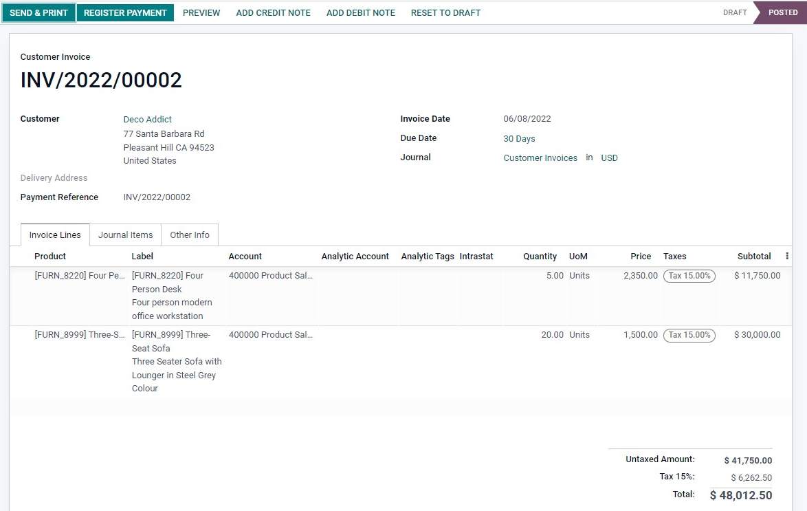 Example of a customer invoice in Odoo Accounting