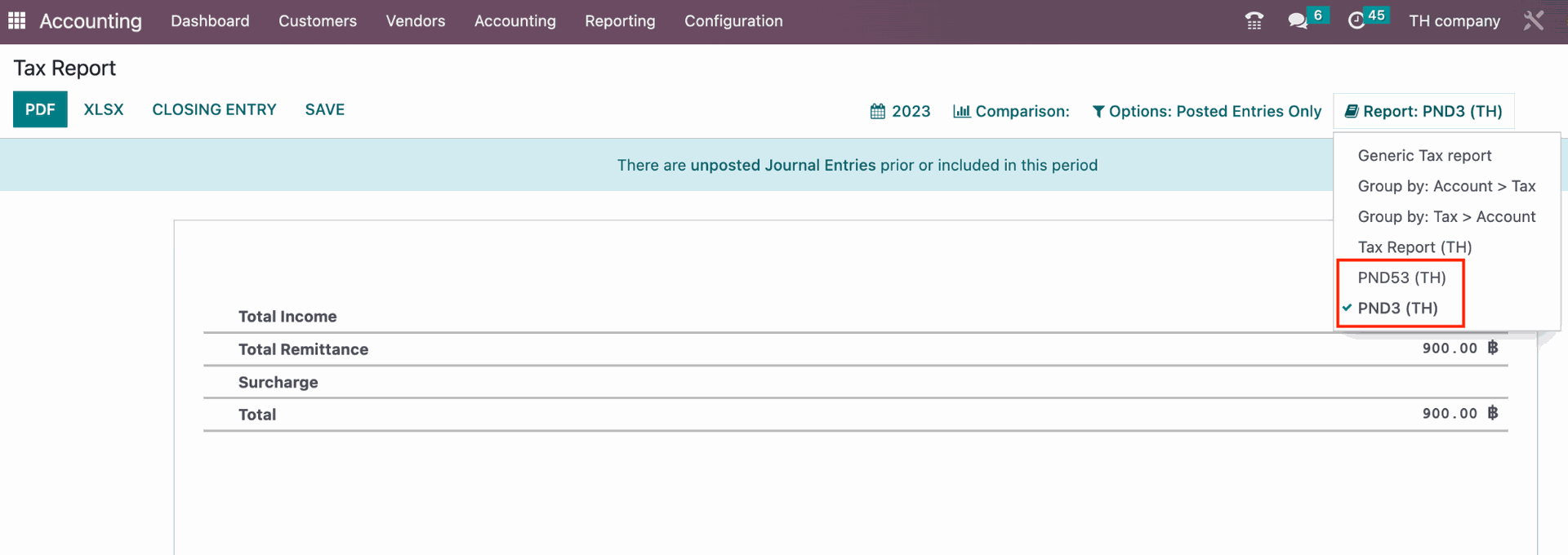 Odoo Accounting app simplifies compliance by automatically generating the necessary accounting data for official forms like PND3 (ภงด.3) and PND53 (ภงด.53) personal and corporate withholding tax certificates, as well as VAT reports in thailand