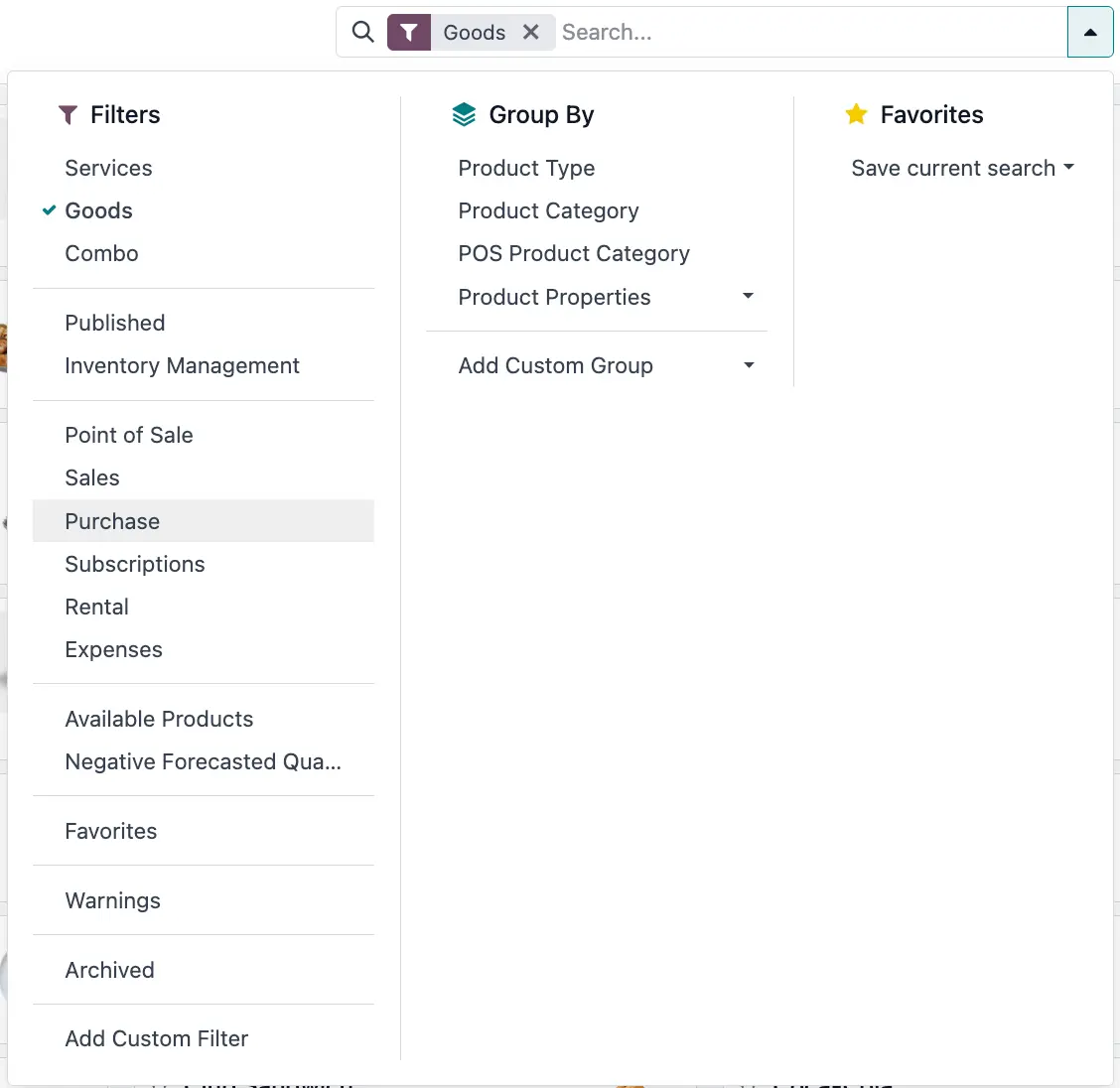 odoo inventory filtering options