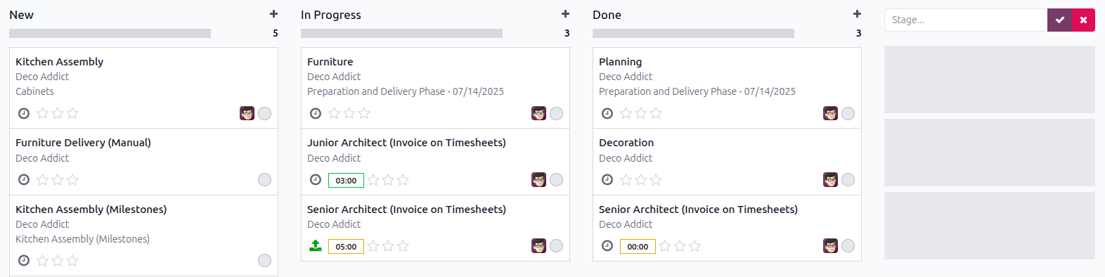 Odoo Project app allows users to new project stage