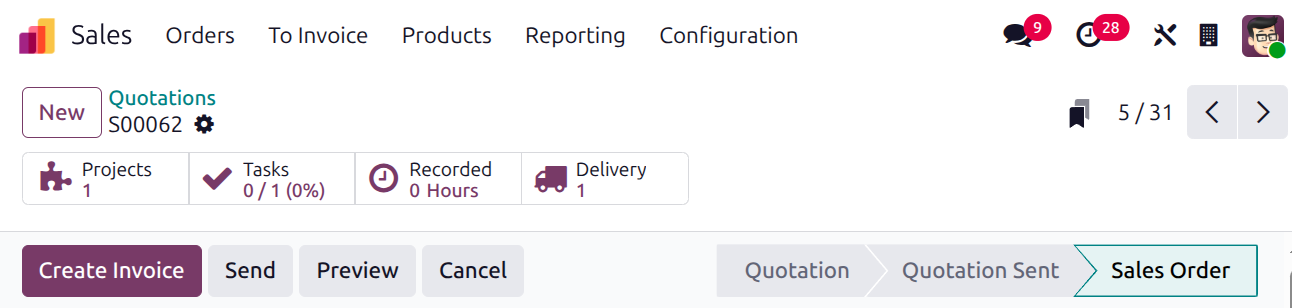 Odoo Sales app manages sales cycle from sales order creation to product delivery