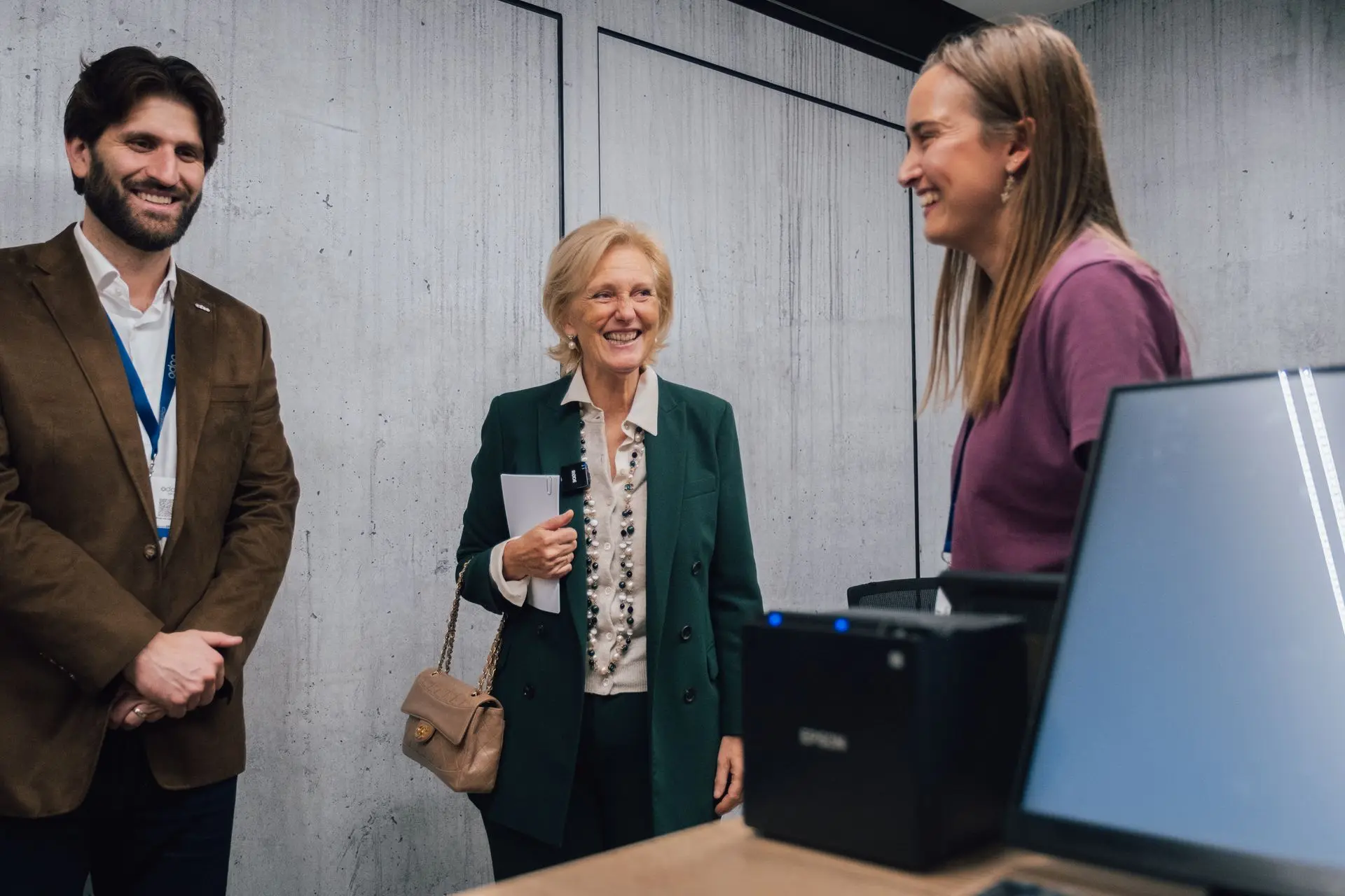 Princess Astrid visiting the LabOdoo with Wilfried Juncker and Claire Lietart