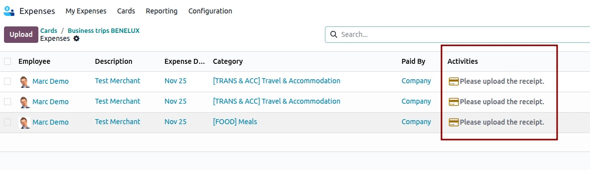 Business expenses made with the virtual card